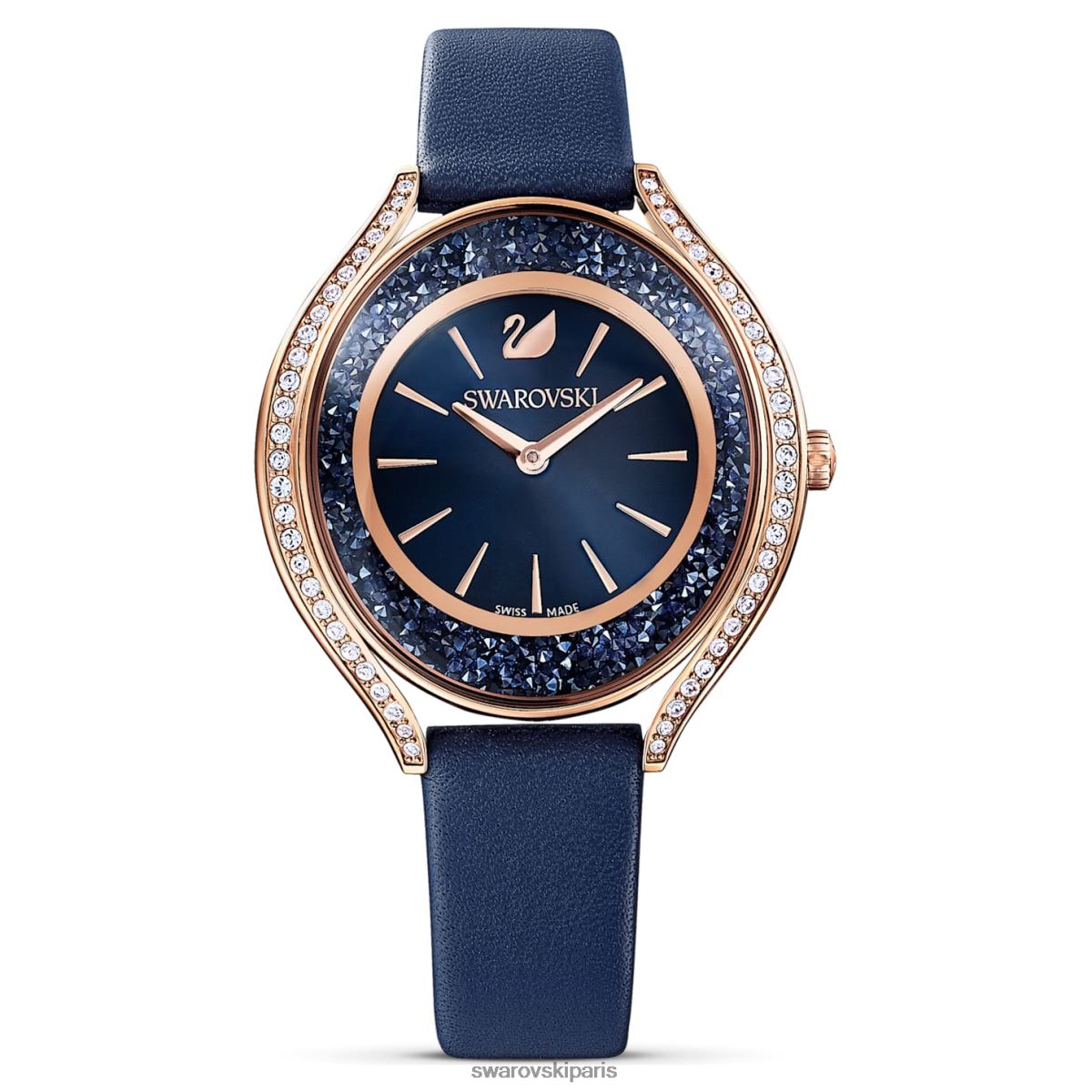 accessoires Swarovski montre aura cristalline fabrication suisse, bracelet en cuir, bleu, finition doré rose RZD0XJ1185