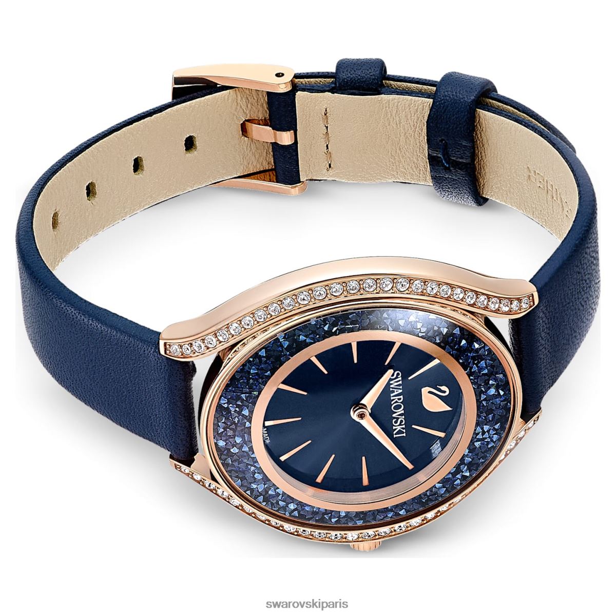 accessoires Swarovski montre aura cristalline fabrication suisse, bracelet en cuir, bleu, finition doré rose RZD0XJ1185