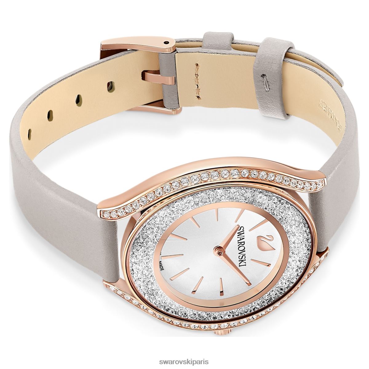 accessoires Swarovski montre aura cristalline fabrication suisse, bracelet en cuir, gris, finition doré rose RZD0XJ1183
