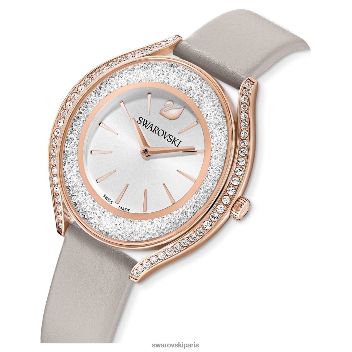accessoires Swarovski montre aura cristalline fabrication suisse, bracelet en cuir, gris, finition doré rose RZD0XJ1183