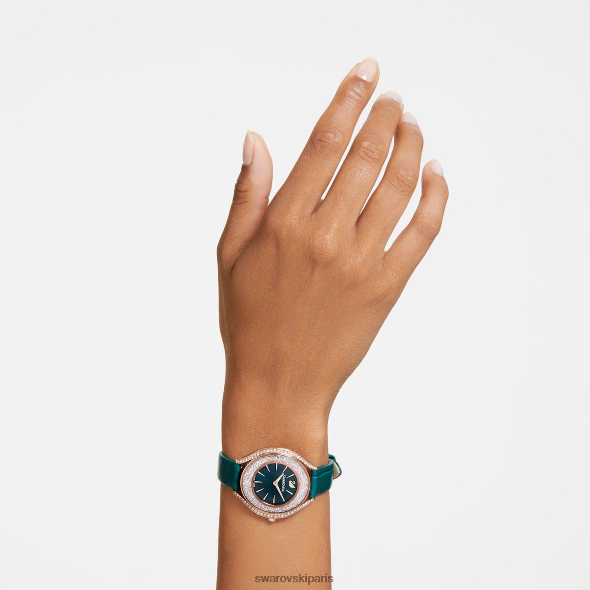 accessoires Swarovski montre aura cristalline fabrication suisse, bracelet en cuir, vert, finition doré rose RZD0XJ1155