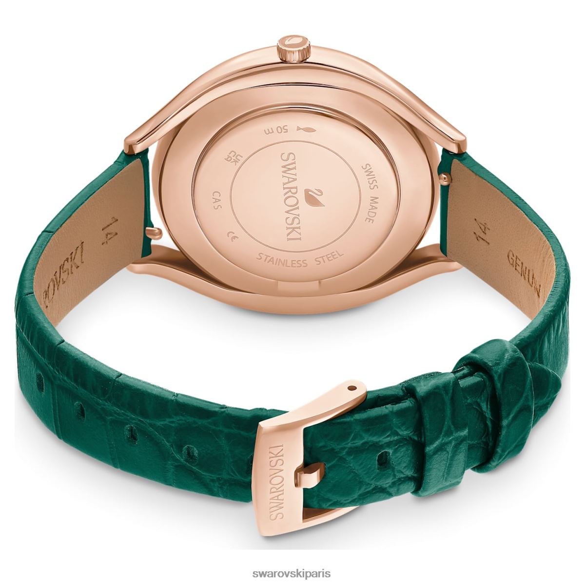 accessoires Swarovski montre aura cristalline fabrication suisse, bracelet en cuir, vert, finition doré rose RZD0XJ1155