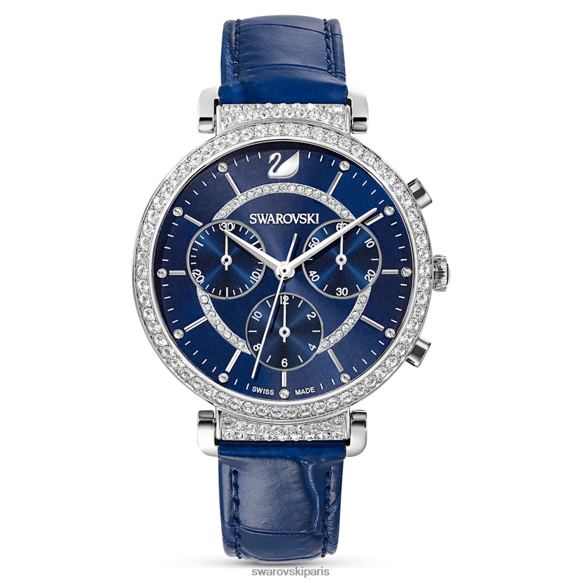 accessoires Swarovski montre chrono de passage fabrication suisse, bracelet en cuir, bleu, acier inoxydable RZD0XJ1250