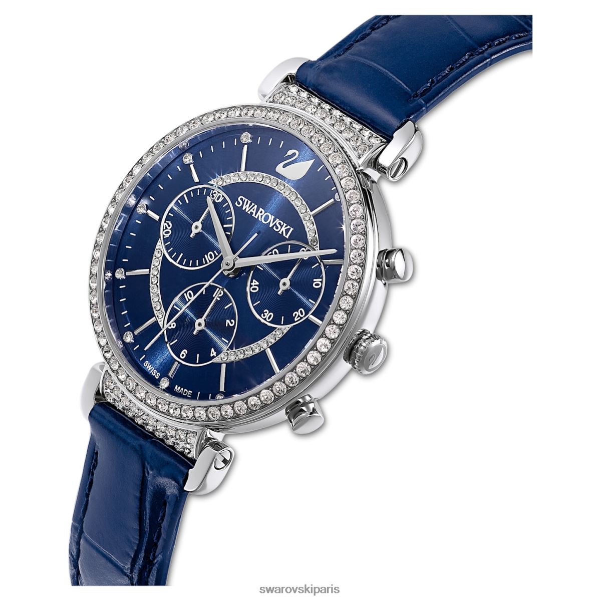 accessoires Swarovski montre chrono de passage fabrication suisse, bracelet en cuir, bleu, acier inoxydable RZD0XJ1250