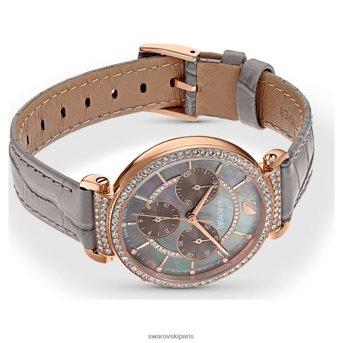 accessoires Swarovski montre chrono de passage fabrication suisse, bracelet en cuir, gris, finition doré rose RZD0XJ1160