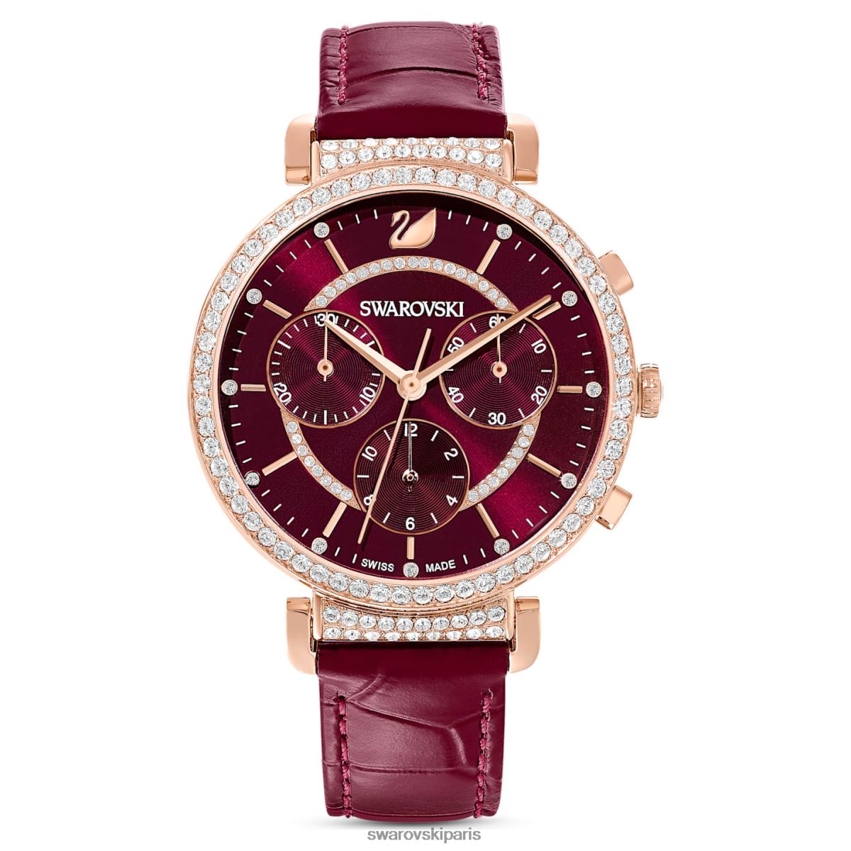 accessoires Swarovski montre chrono de passage fabrication suisse, bracelet en cuir, rouge, finition doré rose RZD0XJ1163