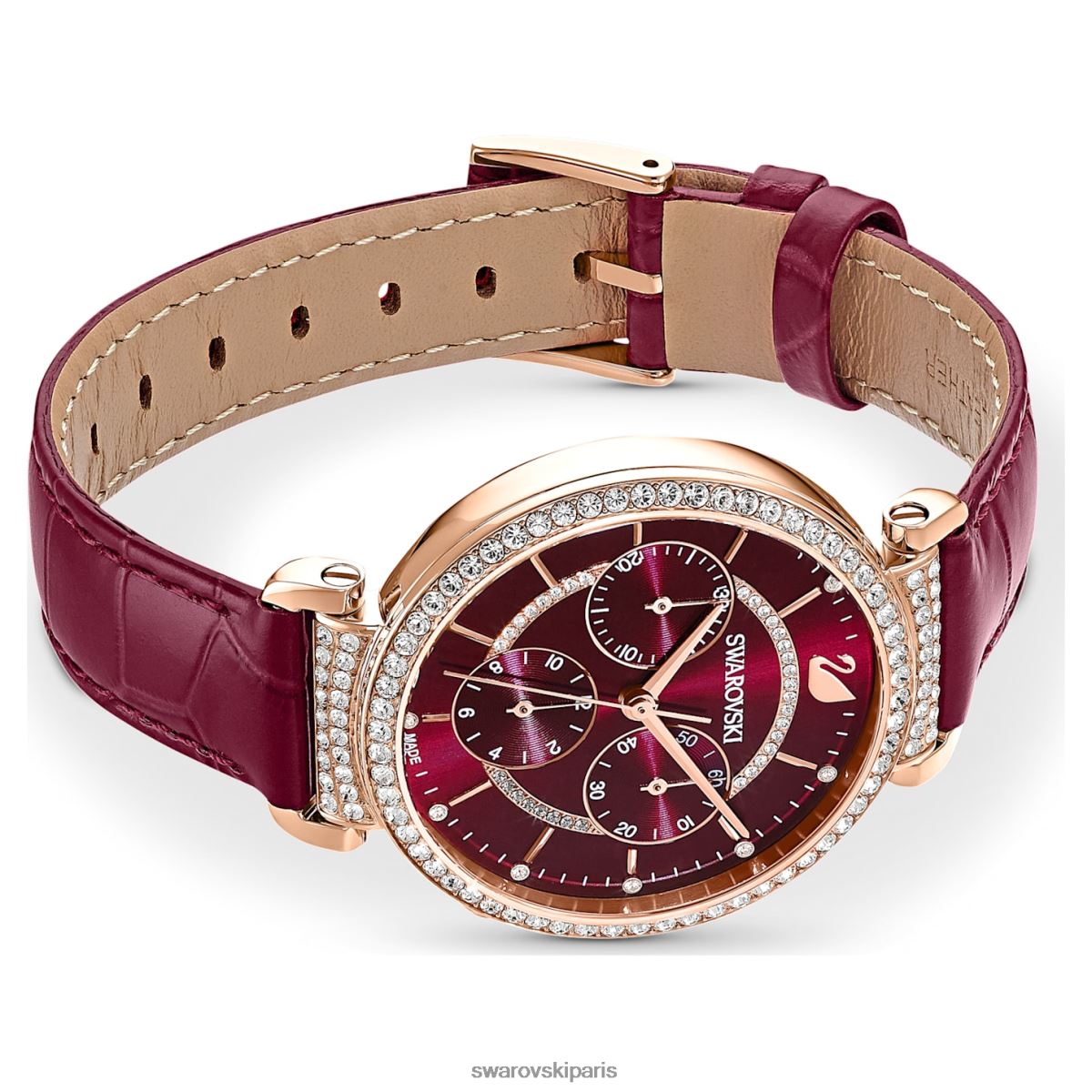 accessoires Swarovski montre chrono de passage fabrication suisse, bracelet en cuir, rouge, finition doré rose RZD0XJ1163