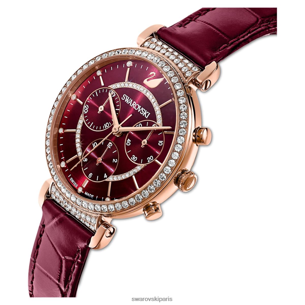 accessoires Swarovski montre chrono de passage fabrication suisse, bracelet en cuir, rouge, finition doré rose RZD0XJ1163