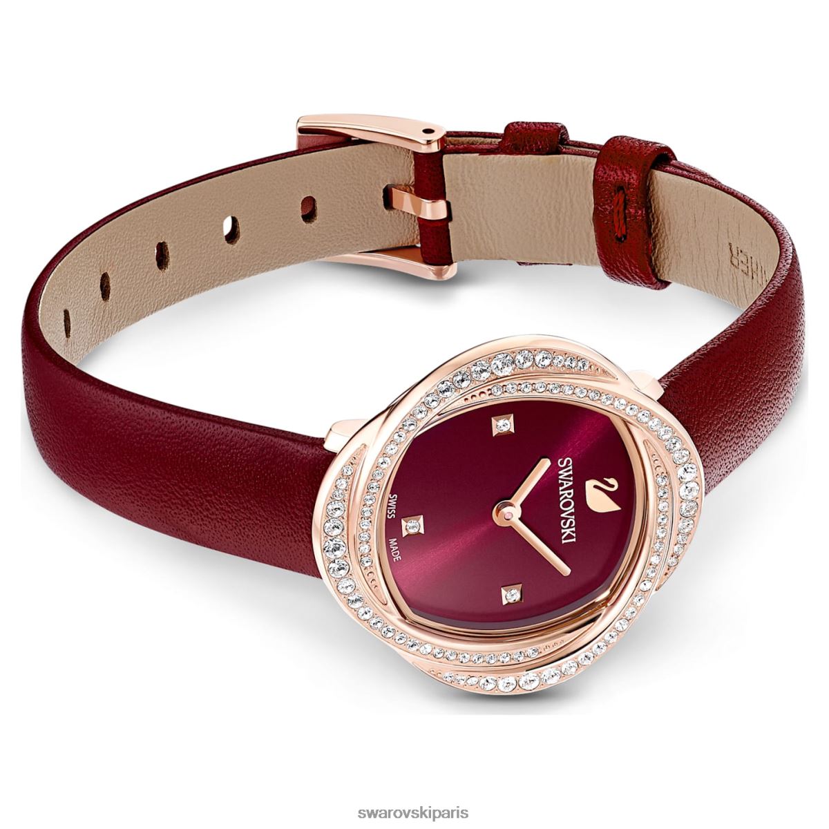 accessoires Swarovski montre fleur en cristal fabrication suisse, bracelet en cuir, rouge, finition doré rose RZD0XJ1201
