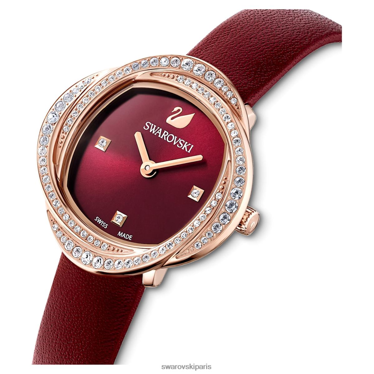 accessoires Swarovski montre fleur en cristal fabrication suisse, bracelet en cuir, rouge, finition doré rose RZD0XJ1201