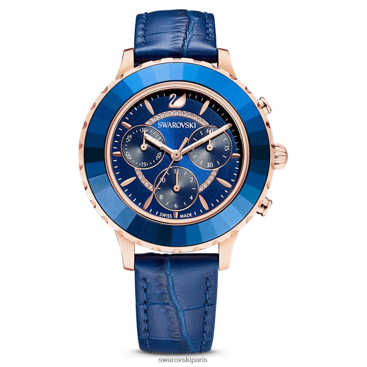 accessoires Swarovski montre octea lux chrono fabrication suisse, bracelet en cuir, bleu, finition doré rose RZD0XJ1164