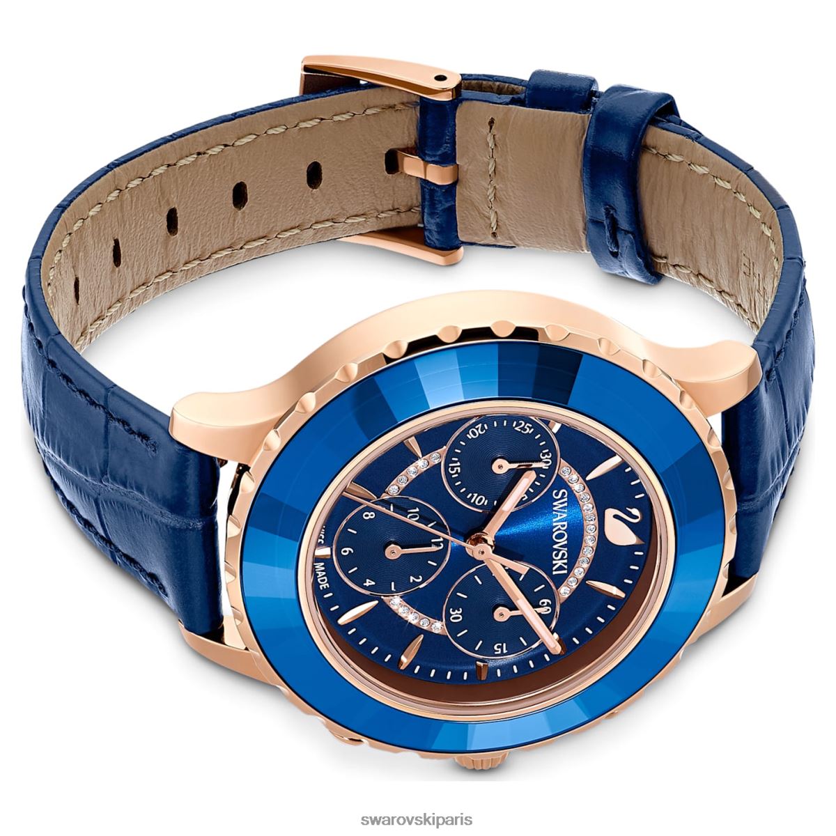 accessoires Swarovski montre octea lux chrono fabrication suisse, bracelet en cuir, bleu, finition doré rose RZD0XJ1164