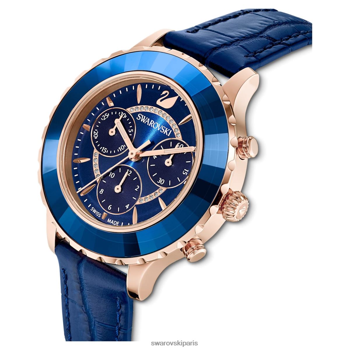 accessoires Swarovski montre octea lux chrono fabrication suisse, bracelet en cuir, bleu, finition doré rose RZD0XJ1164