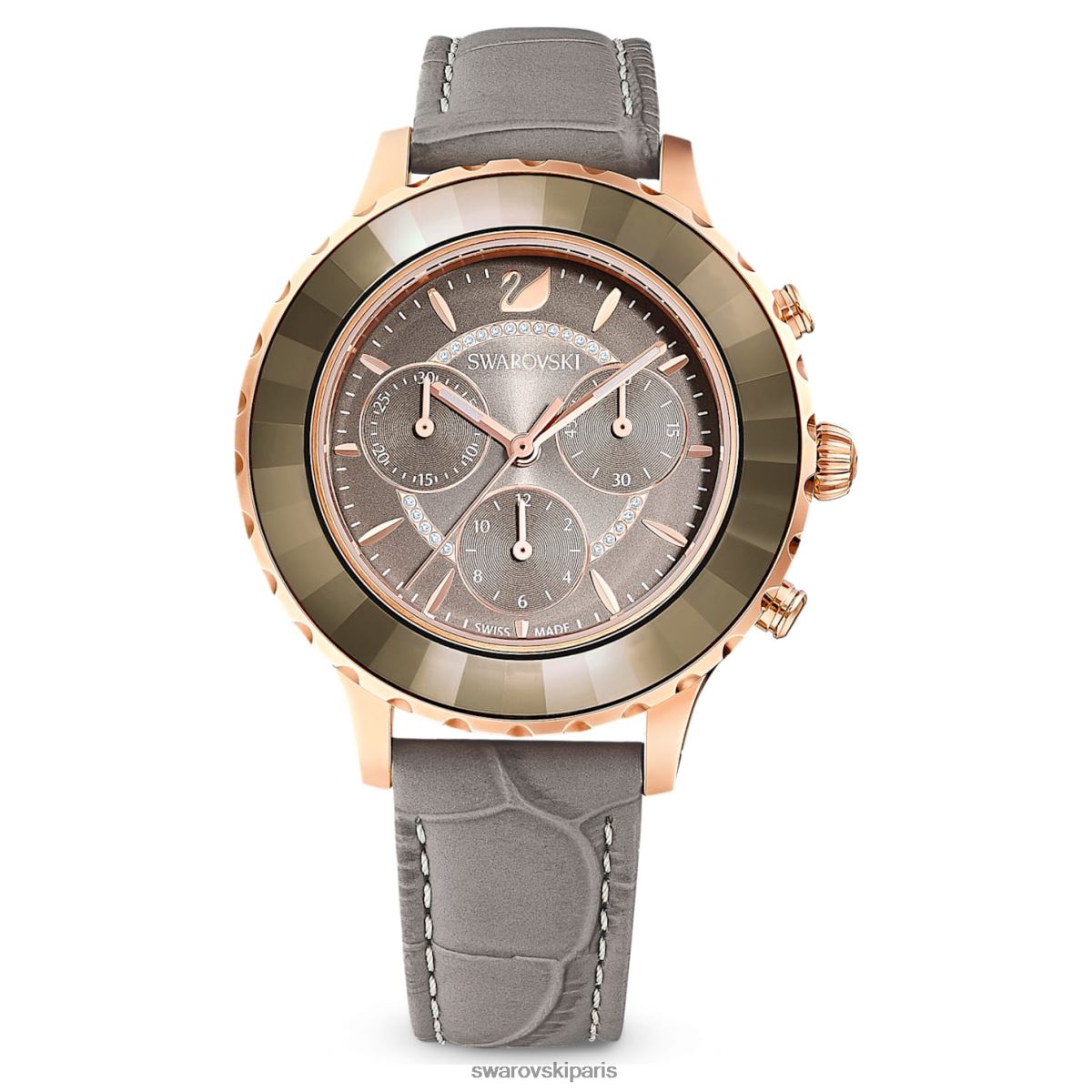 accessoires Swarovski montre octea lux chrono fabrication suisse, bracelet en cuir, gris, finition doré rose RZD0XJ1177