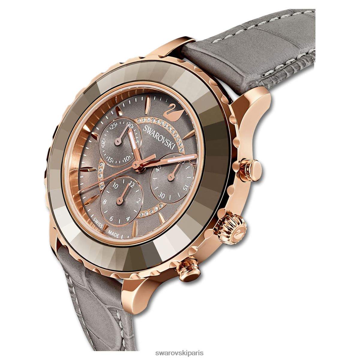 accessoires Swarovski montre octea lux chrono fabrication suisse, bracelet en cuir, gris, finition doré rose RZD0XJ1177