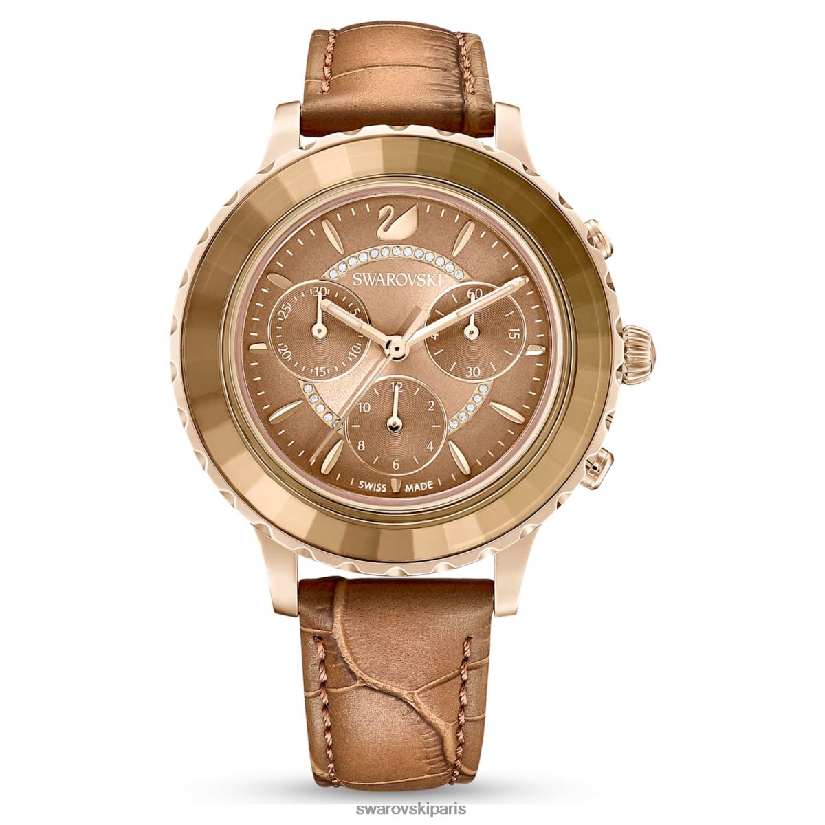 accessoires Swarovski montre octea lux chrono fabrication suisse, bracelet en cuir, marron, finition dorée RZD0XJ1150