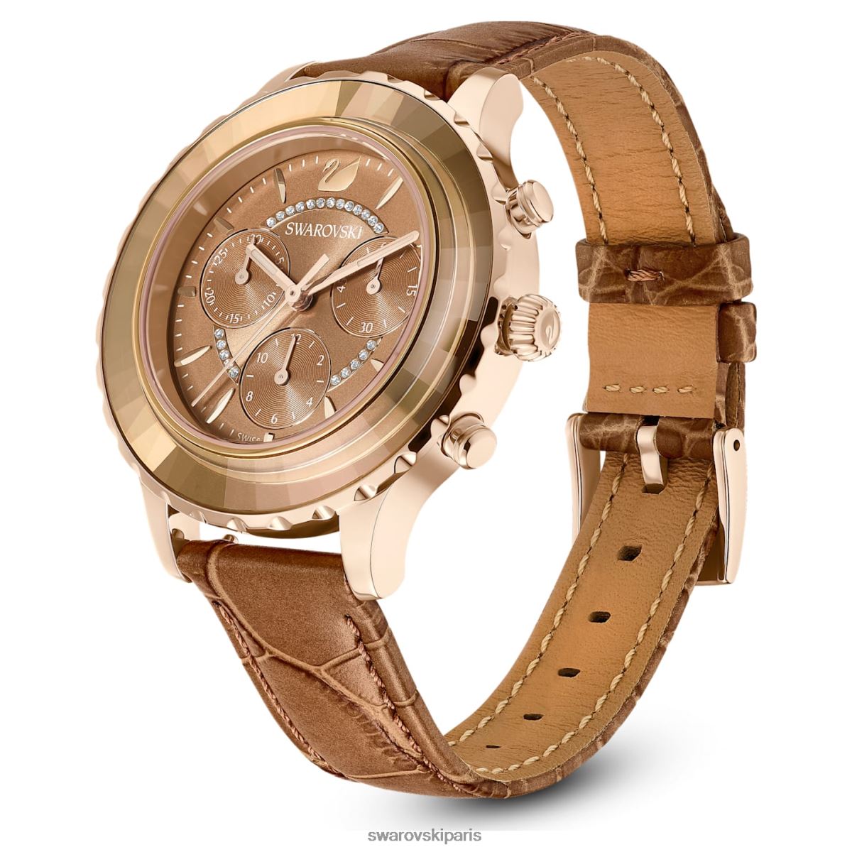 accessoires Swarovski montre octea lux chrono fabrication suisse, bracelet en cuir, marron, finition dorée RZD0XJ1150