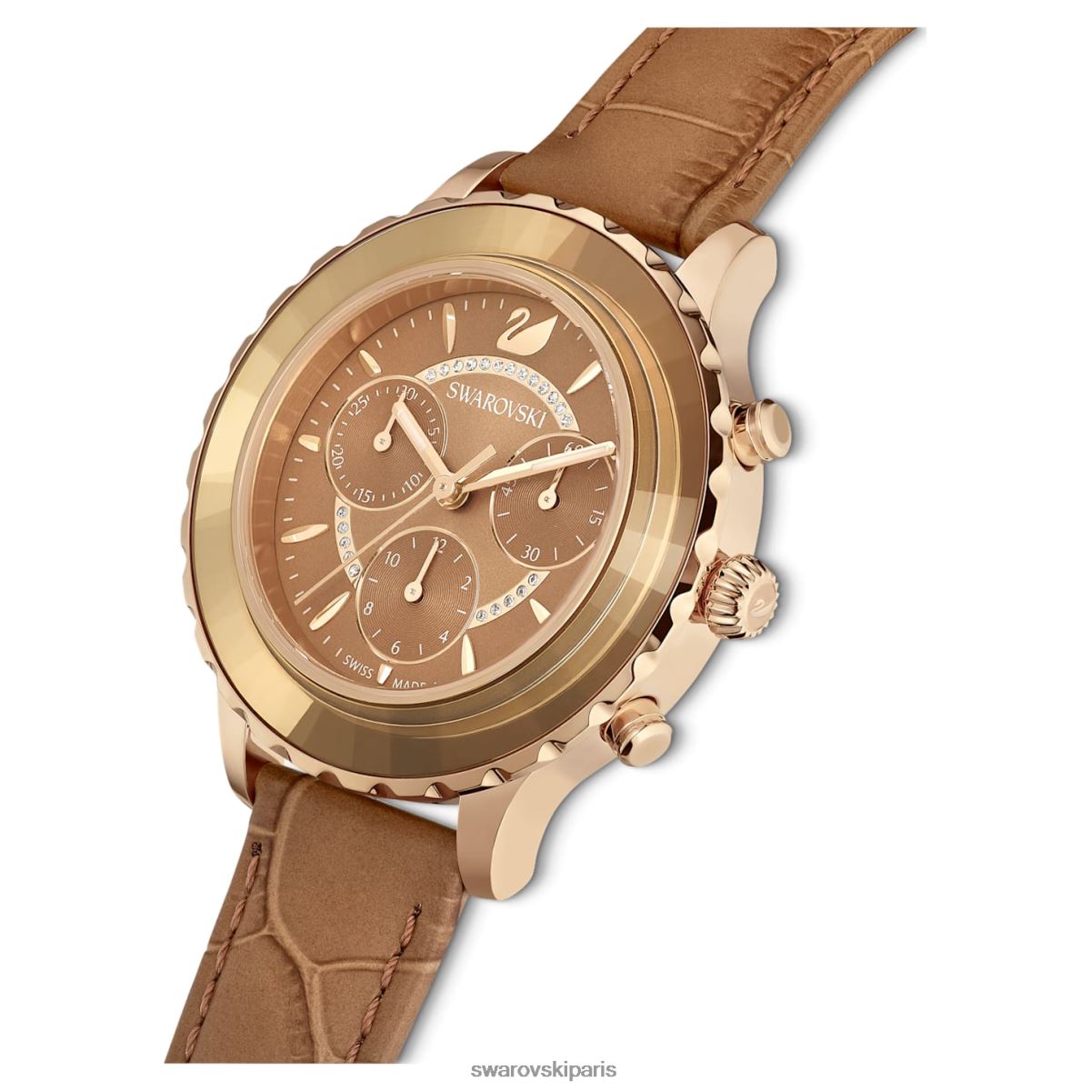 accessoires Swarovski montre octea lux chrono fabrication suisse, bracelet en cuir, marron, finition dorée RZD0XJ1150