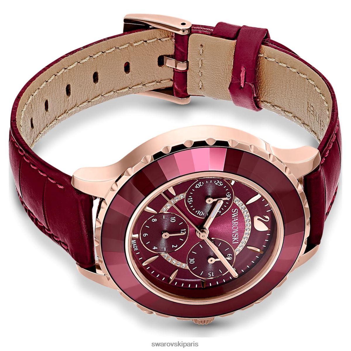 accessoires Swarovski montre octea lux chrono fabrication suisse, bracelet en cuir, rouge, finition doré rose RZD0XJ1195