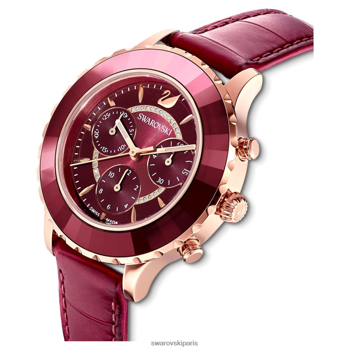 accessoires Swarovski montre octea lux chrono fabrication suisse, bracelet en cuir, rouge, finition doré rose RZD0XJ1195