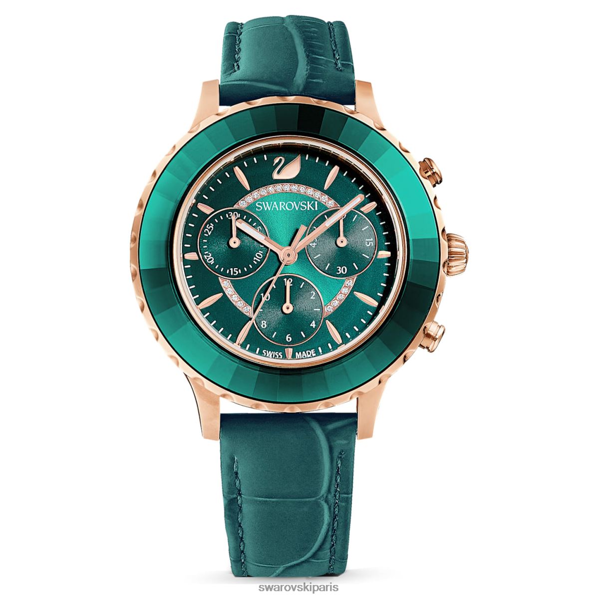 accessoires Swarovski montre octea lux chrono fabrication suisse, bracelet en cuir, vert, finition doré rose RZD0XJ1159