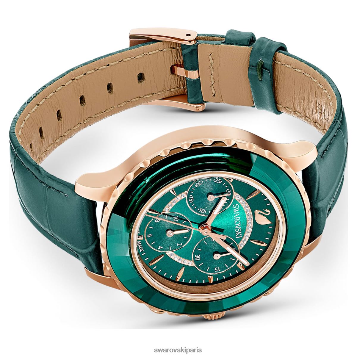 accessoires Swarovski montre octea lux chrono fabrication suisse, bracelet en cuir, vert, finition doré rose RZD0XJ1159