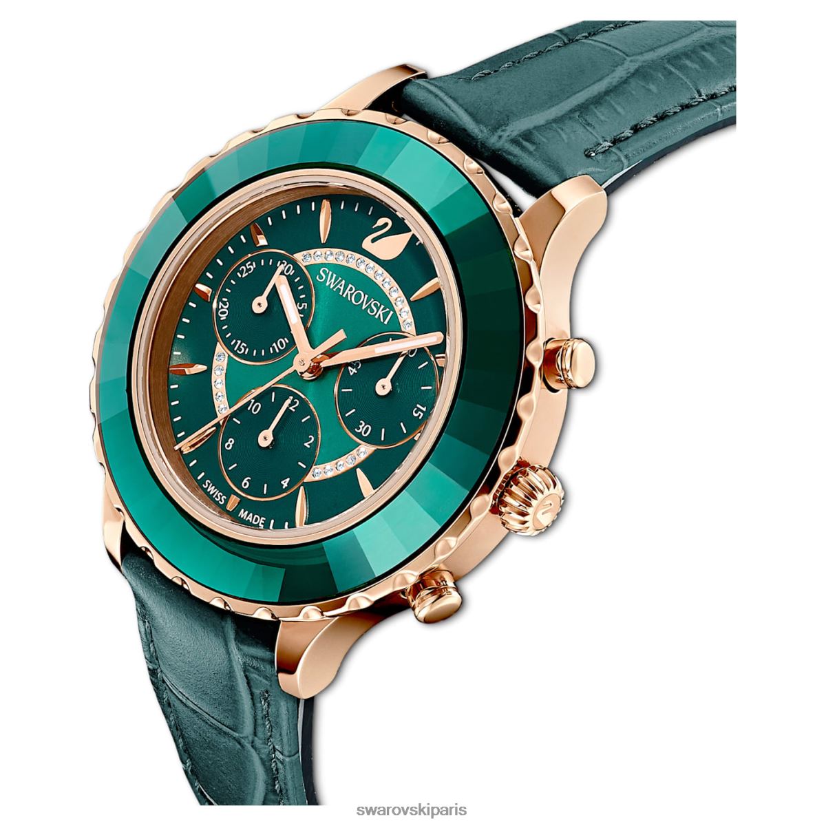 accessoires Swarovski montre octea lux chrono fabrication suisse, bracelet en cuir, vert, finition doré rose RZD0XJ1159