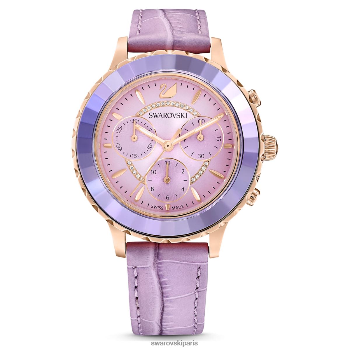 accessoires Swarovski montre octea lux chrono fabrication suisse, bracelet en cuir, violet, finition doré rose RZD0XJ1157