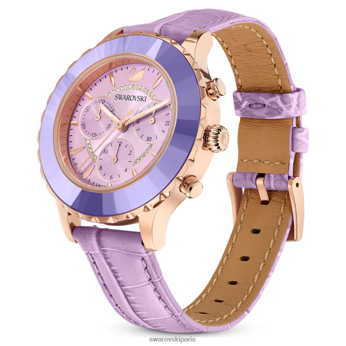 accessoires Swarovski montre octea lux chrono fabrication suisse, bracelet en cuir, violet, finition doré rose RZD0XJ1157