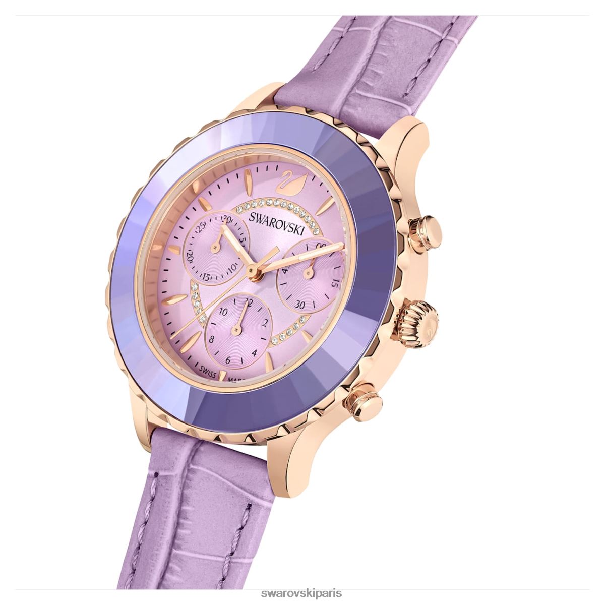 accessoires Swarovski montre octea lux chrono fabrication suisse, bracelet en cuir, violet, finition doré rose RZD0XJ1157