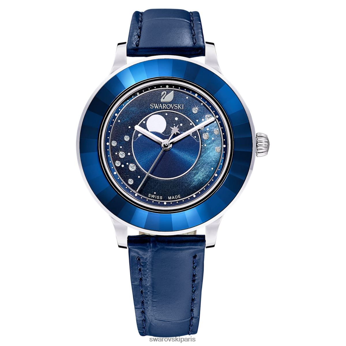 accessoires Swarovski montre octea lux fabrication suisse, lune, bracelet en cuir, bleu, acier inoxydable RZD0XJ1248