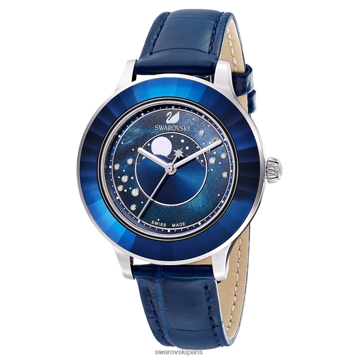 accessoires Swarovski montre octea lux fabrication suisse, lune, bracelet en cuir, bleu, acier inoxydable RZD0XJ1248