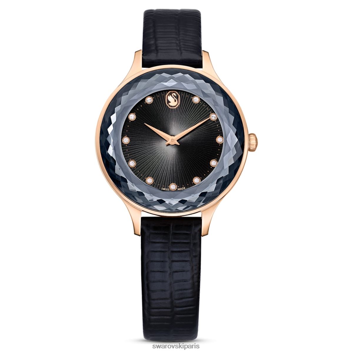 accessoires Swarovski montre octea nova fabrication suisse, bracelet en cuir, noir, finition doré rose RZD0XJ1181