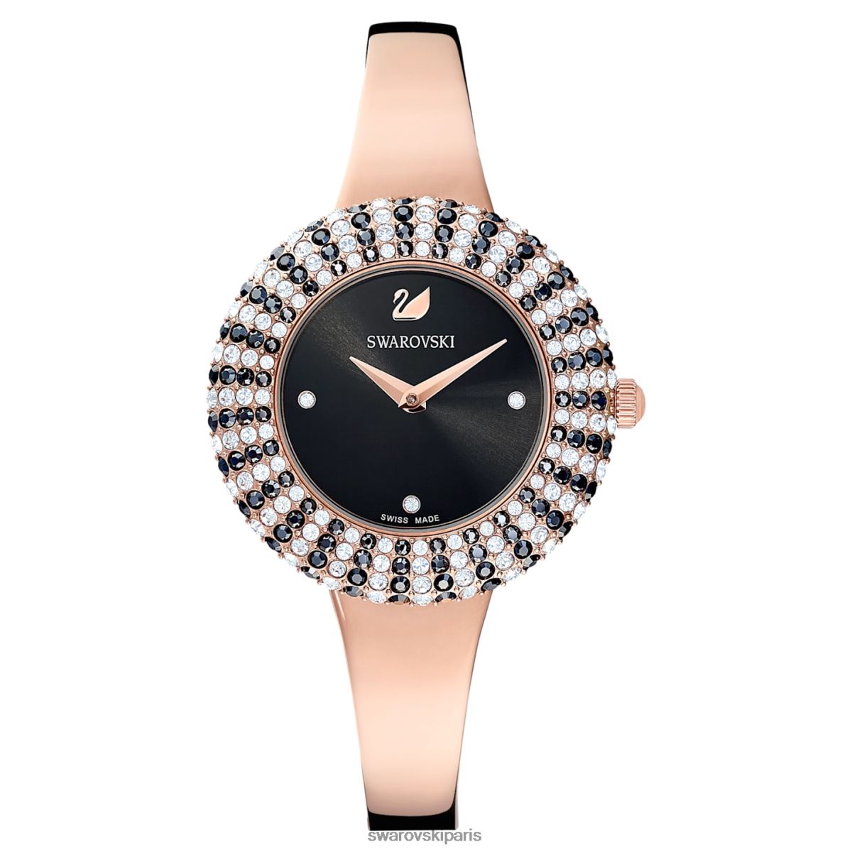 accessoires Swarovski montre rose en cristal fabrication suisse, bracelet en métal, noir, finition doré rose RZD0XJ1162