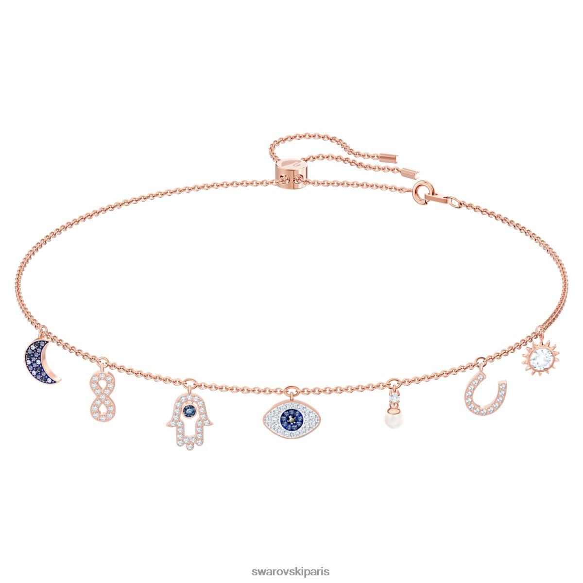 bijoux Swarovski collier symbolique lune, infini, main, mauvais œil et fer à cheval, bleu, plaqué ton or rose RZD0XJ14