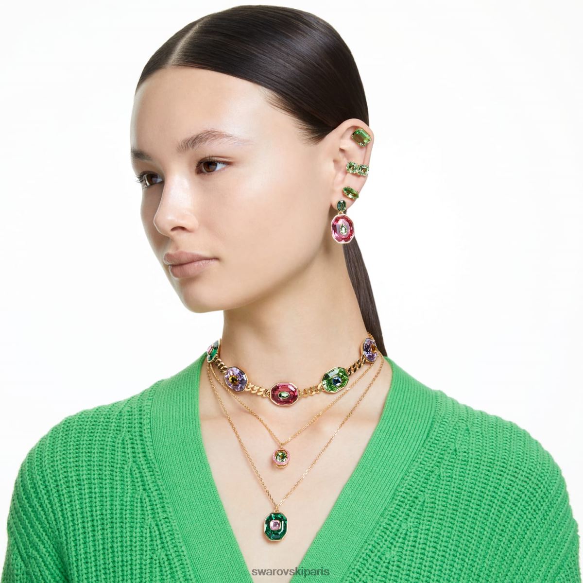 bijoux Swarovski boucles d'oreilles clips millenia coupe carrée, vert, métal doré RZD0XJ942