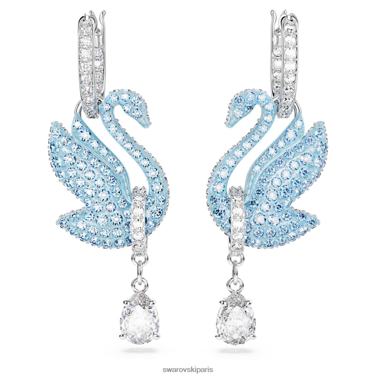 bijoux Swarovski boucles d'oreilles pendantes emblématiques en forme de cygne cygne, bleu, rhodié RZD0XJ835