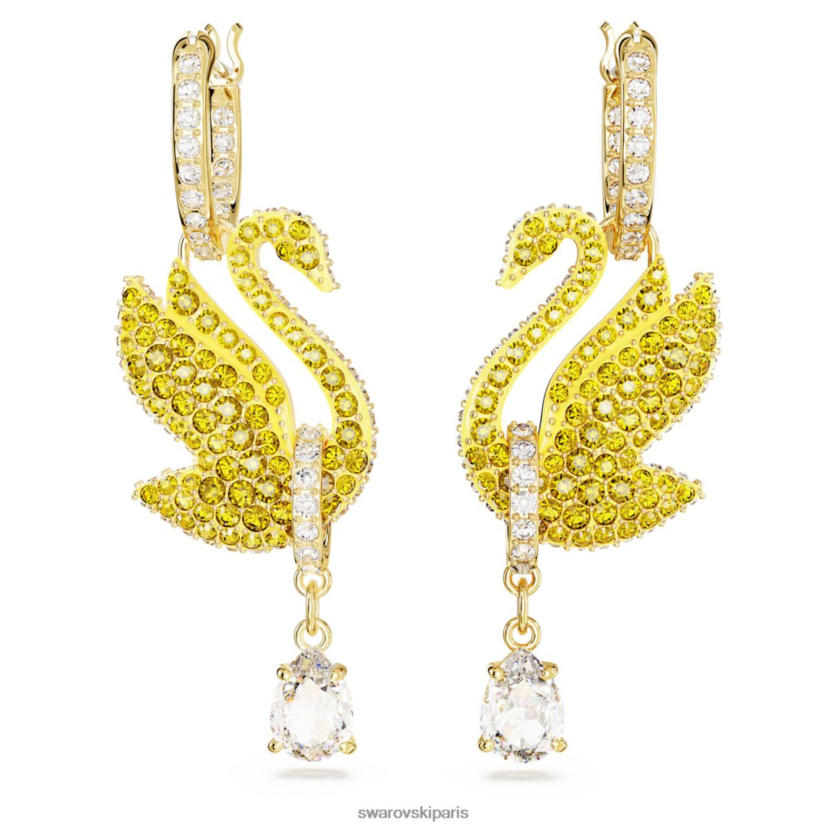 bijoux Swarovski boucles d'oreilles pendantes emblématiques en forme de cygne cygne, jaune, métal doré RZD0XJ807