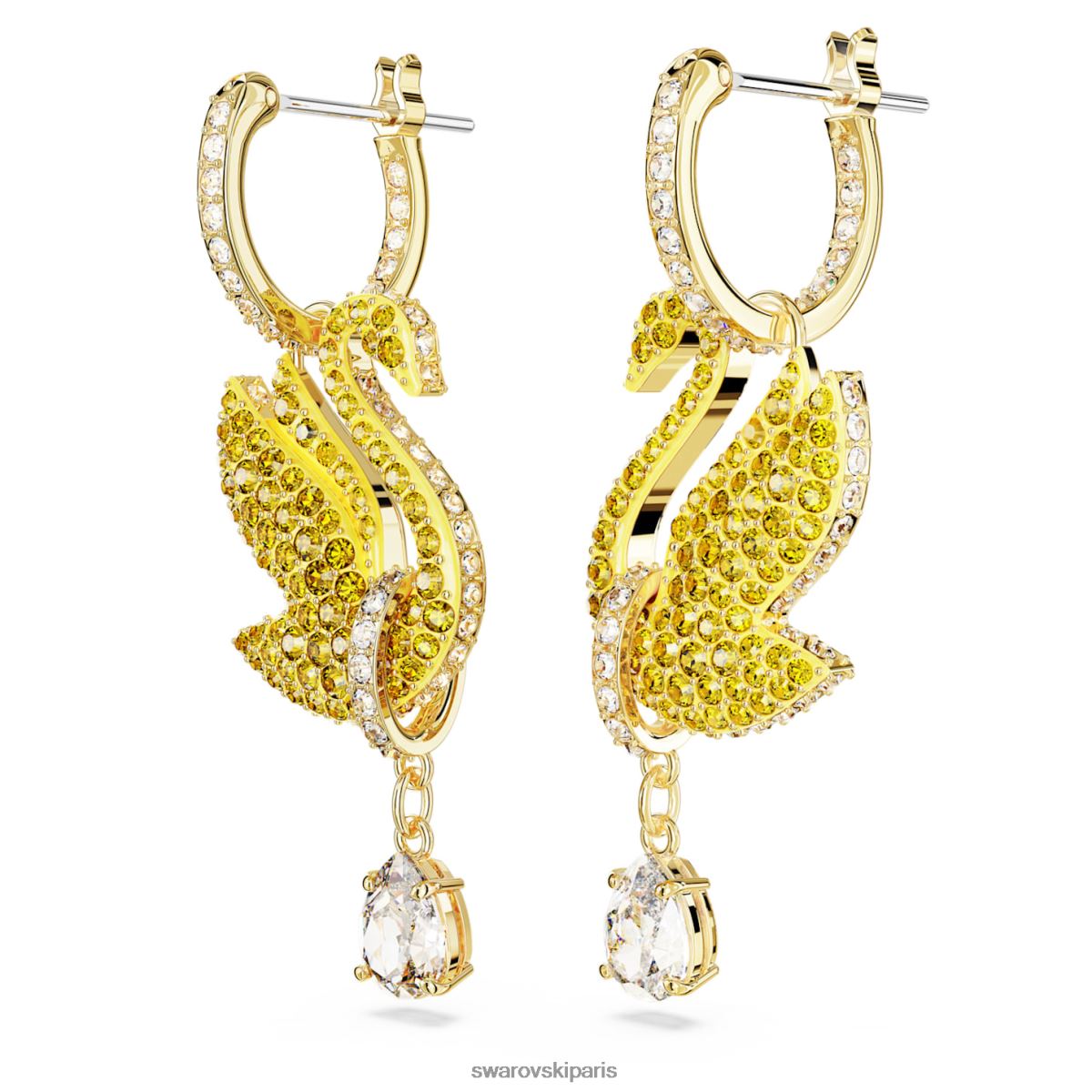 bijoux Swarovski boucles d'oreilles pendantes emblématiques en forme de cygne cygne, jaune, métal doré RZD0XJ807