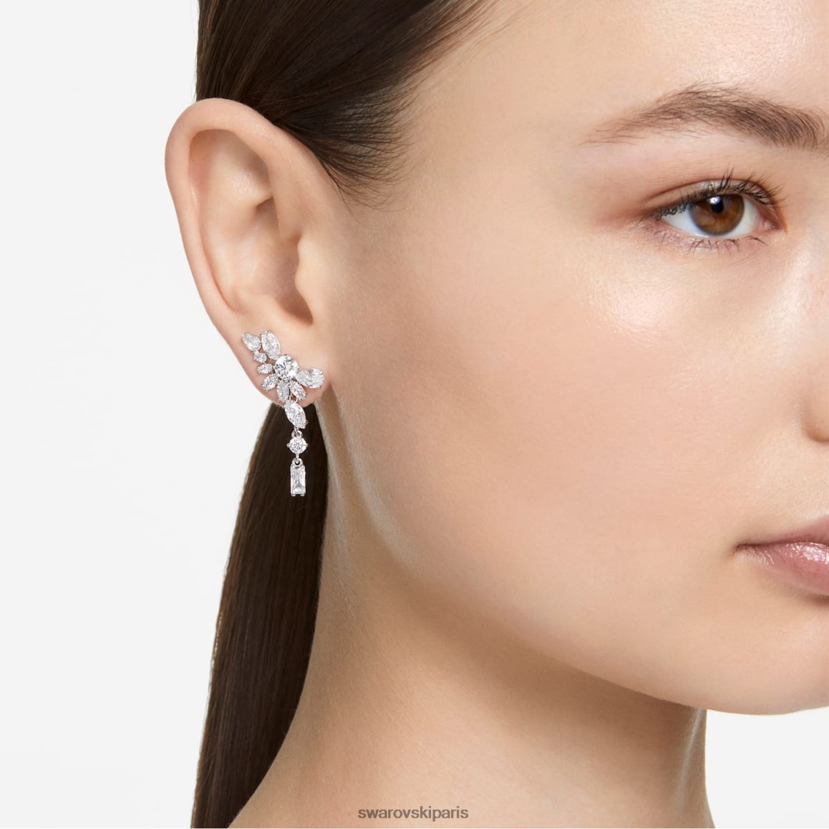 bijoux Swarovski boucles d'oreilles pendantes gema design asymétrique, coupes mixtes, fleur, blanc, métal rhodié RZD0XJ854