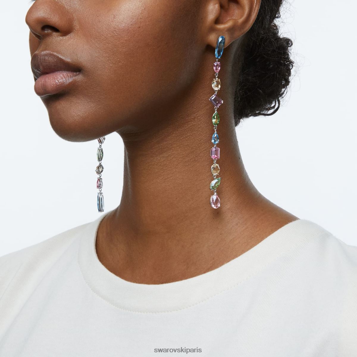 bijoux Swarovski boucles d'oreilles pendantes gema design asymétrique, coupes mixtes, multicolore, rhodié RZD0XJ764