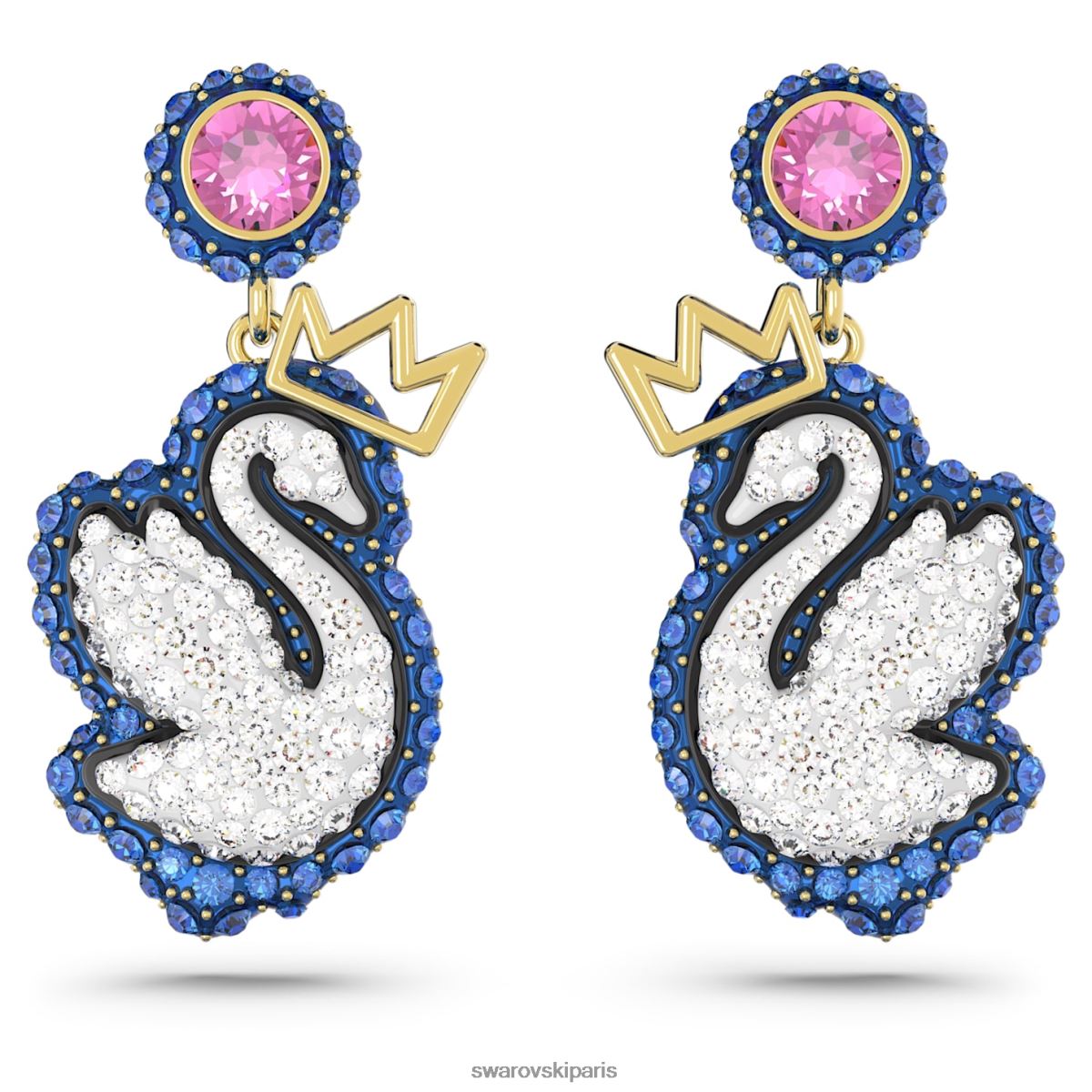 bijoux Swarovski boucles d'oreilles pendantes pop cygne cygne, bleu, métal doré RZD0XJ821
